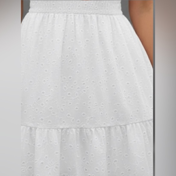 Eyelet Embroidery Shoulder Tie Ruffle Hem Dress White - Picture 3 of 8